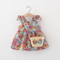 Vintage Garden Flower Baby Girl's Dress with Straw Bag