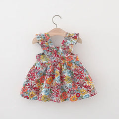 Vintage Garden Flower Baby Girl's Dress with Straw Bag