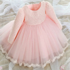 Long Sleeve Lace Bow Baby Girl Dress