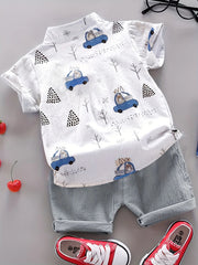 Summer Full Print Bear Driving Pattern Short-Sleeved Shorts Set