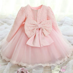 Long Sleeve Lace Bow Baby Girl Dress