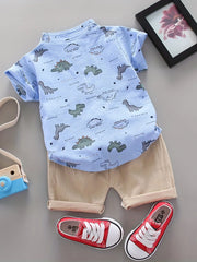 Summer Full Print Small Dinosaur Pattern Short-Sleeved Shorts Set