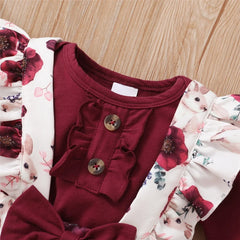 Baby Girl Red Long Sleeve Bodysuit + Flower Strap Pants Set