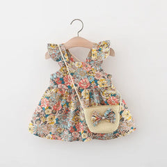 Vintage Garden Flower Baby Girl's Dress with Straw Bag
