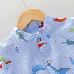 Cartoon Dinosaur Printed Stand-up Collar Shirt Short Sleeve 2 Piece Set for Infants and Toddlers