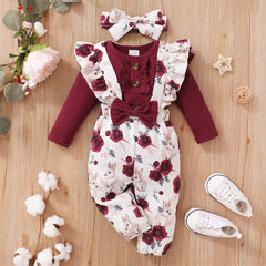 Baby Girl Red Long Sleeve Bodysuit + Flower Strap Pants Set